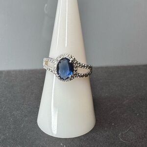 Elegant Lab Created Dark Sapphire on a Rhodium Plating Ring
